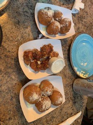 garlic and mozzarella puffs and bacon wrapped chicken curds (in middle )