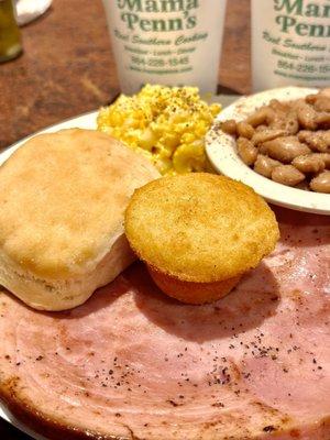 ham- pinto beans, mac and cheese - biscuit and cornbread