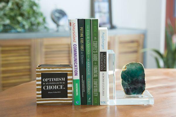 Mediation related books in an office.