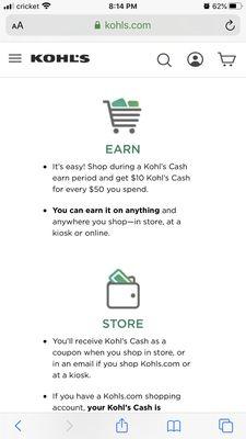 Kohl's cash rules posted on Kohl's.com