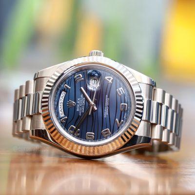 The Rolex Day-Date II 218239 in white gold with a stunning blue wave dial.