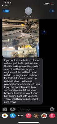 Text message from Ryan Hogan asking me for $1800.00 to repair my engine that should be covered under the same warranty