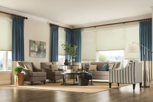 Cellular Shades + Decorative Curtain Panels