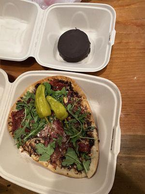 Prosciutto pizza, flourless chocolate cake,