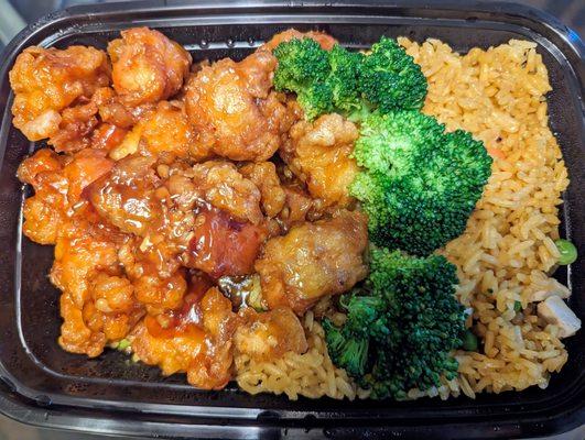 General Tso's chicken was a bit blander than expected. It was served with fresh broccoli and fried rice.