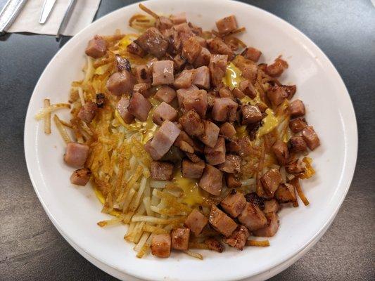 Ham egg and cheese hash brown bowl at the Waffle House