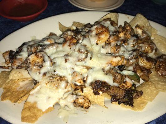 Fajita Nachos with Chicken, Shrimp, and Steak