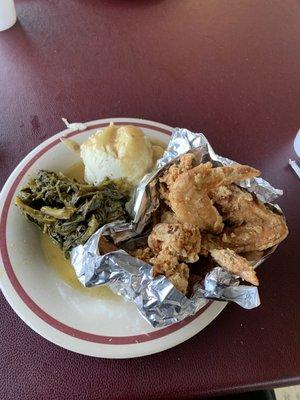 Chicken wings, mashed potatoes, collard greens