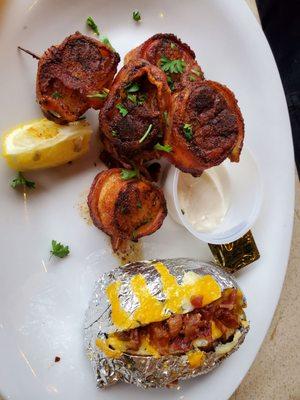 Bacon wrapped scallops with baked potato