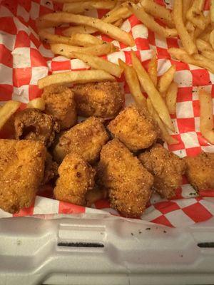 Salmon bites and fries that I've already been eating. You get a generous portion size.  Salmon Bites Basket