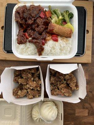 take-out: 2 sides of 5 spice chicken, 1 bento with Beijing beef