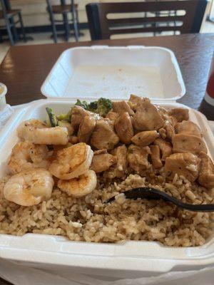 Fried Rice with Broccoli , Shrimp, and Teriyaki Chicken