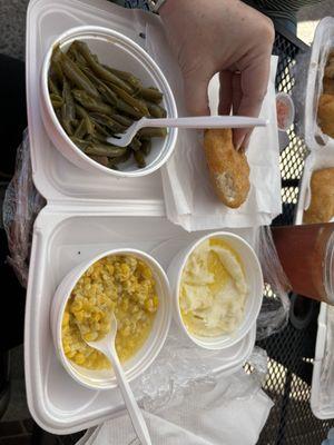 Green Beans, Fried corn , mashed potatoes and cornbread coin