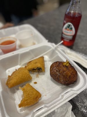 Empanadas (Beef, Chicken, & Sweet Plantain with Cream) and Assorted Jarritos (Strawberry)