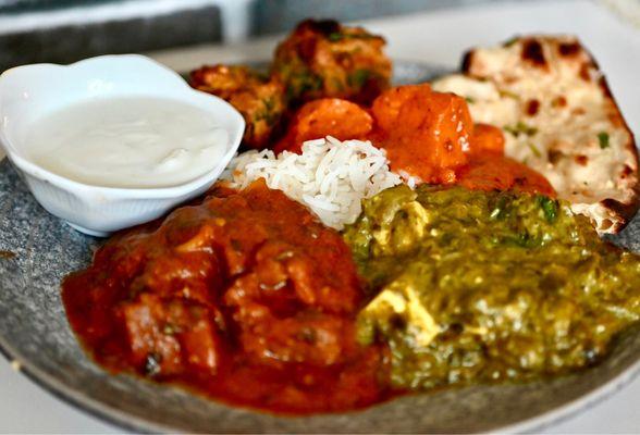 Saag paneer, Chicken Tikka Masala, Vegetable Pakora, lamb curry, raita, Garlic Naan