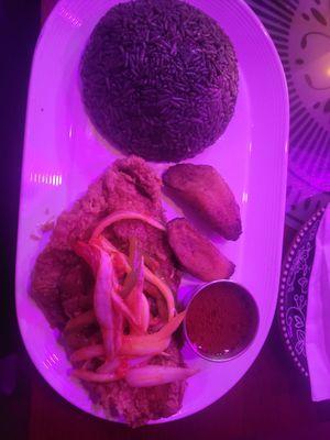 Basa fish with sweet plantains & black rice