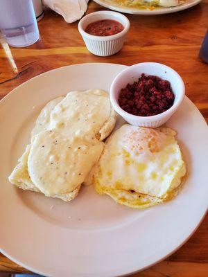 Biscuits and gravy with chorizo combo and over-easy egg! Looks basic. Tastes GREAT.