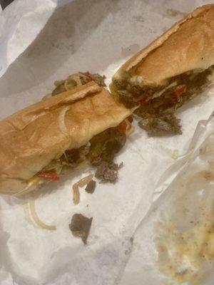 Cheesesteak with Whiz, Onions, and Red Peppers