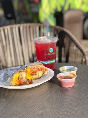 The pork and veggie breakfast burrito paired with the red focus hibiscus.