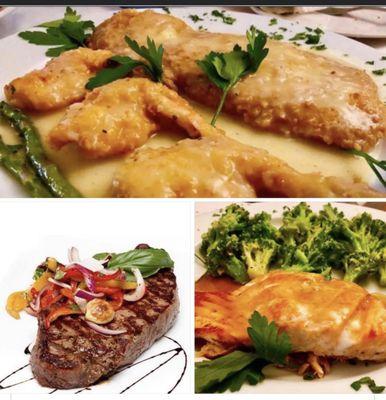 Shrimp martini, New York strip steak, broil, salmon