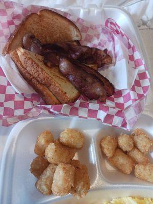 Breakfast platter-Bacon, eggs, hashbrowns and toast.