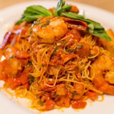 Angel hair pomodoro with shrimp, it's so delicious you can request it spicy too! #yummy