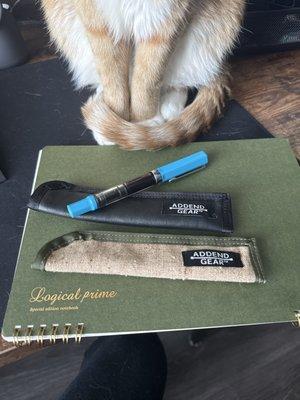 Addend Gear pen sleeves, TWISBI ECO fountain pen, Logical Prime B5 notebook, and a good cat.