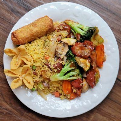 Spicy Roast Pork with Fried Rice, Egg Roll and Crab Rangoon