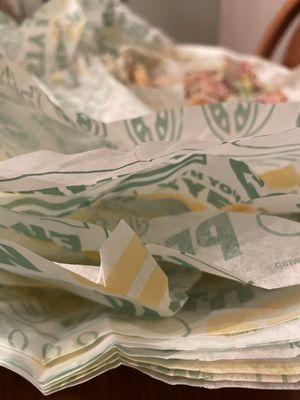 The sandwich, which was inedible, was individually wrapped at least five times and had an outer layer of at least 10 Subway wrappers.