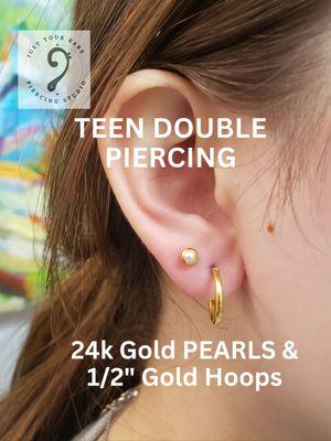 Stylish Double Piercing for  Gold hoops and pearl studs create the perfect mix of classic and trendy for this unique look!