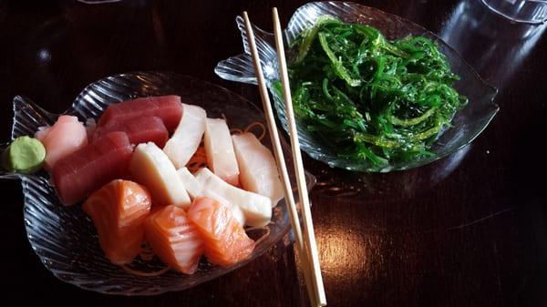 Sashimi and seaweed salad.