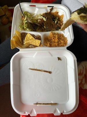 Sticks in side of food, looks like the food was burnt and salsa tasted expired