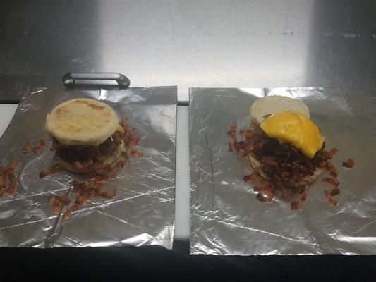 Bacon on a English muffin. I personally feel I put love in every bite.( I'm a cook there)