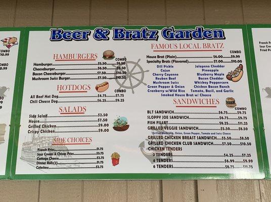 Main menu. Brats are great and made local!!