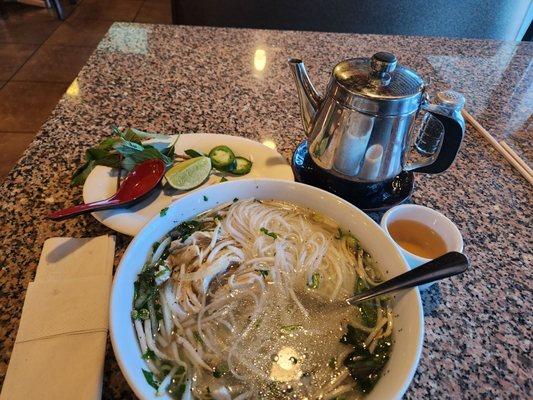 Rice Noodle Pho with chicken.