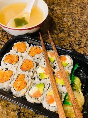 6 spicy tuna rolls, 6 Philly rolls (smoked salmon, avocado, and cream cheese). Wasabi & fresh thinly sliced ginger and some miso soup.