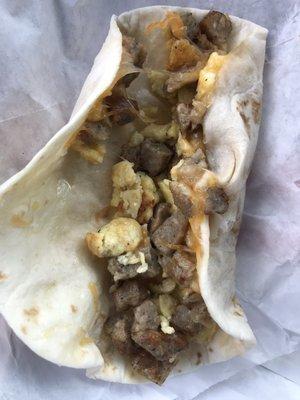 Sausage, egg, and cheese Burrito.