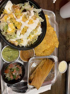 Chicken bowl with rice and beans and a pork tamale!