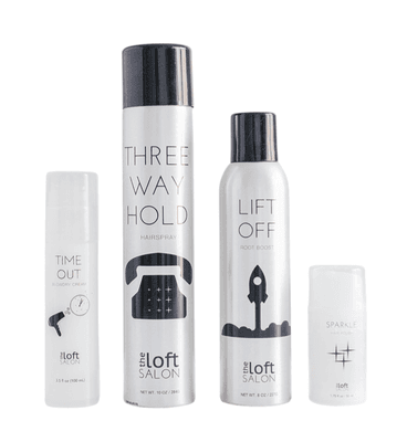 The Loft Salon brand of products. hairspray, root boost, hair polish and blow-dry cream