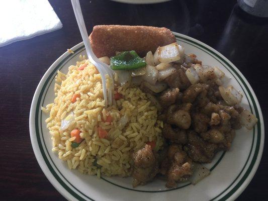 Black Pepper Chicken with Fried Rice and Egg Roll. Very nice!