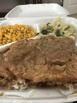 Smothered Pork Chops, Rice & Gravy, Corn and Cabbage