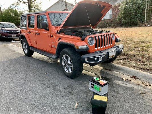 Mobile Car Battery Replacement in Silver Spring, MD on a 2018 Jeep Wrangler Sahara.