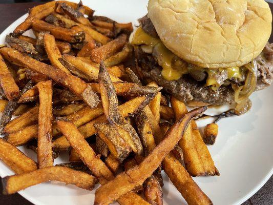 Extreme Prime Rib burger with fries @ Hangry Solutions.