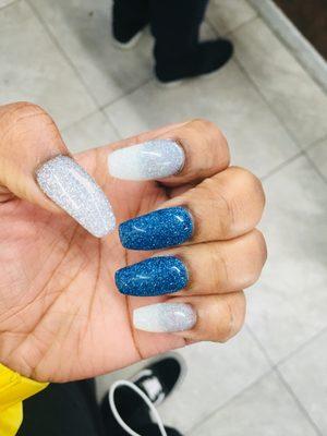 Blue & White Glitter Nails