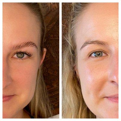 Before and after of a brow lift and classic lash extensions.