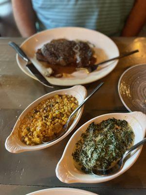 16oz prime ribeye, creamed corn abs creamed spinach.