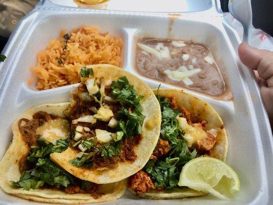 Delicious 3 Street Tacos (dear Brad's and al pastor), rice and beans $7