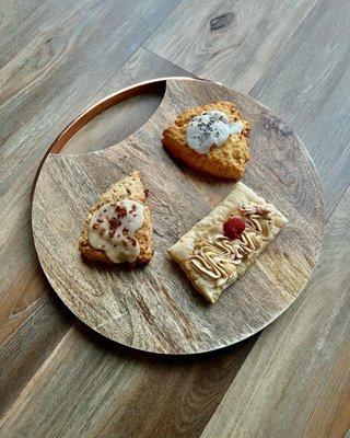 Maple bacon scone, lavender scone, raspberry danish