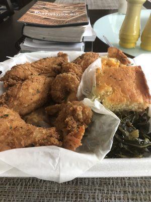 Chicken & Shrimp dinner (collard greens, Mac & cheese and corn bread $16.