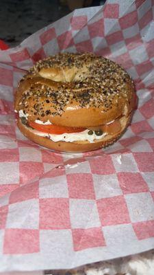 Smoked salmon sandwich on everything bagel